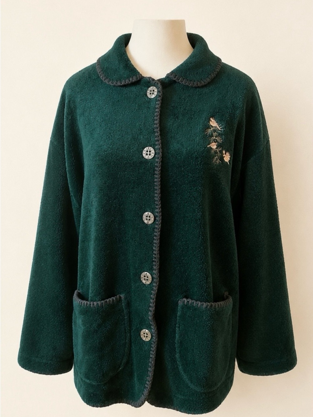 Vintage Forest Green Embroidered Birds Fleece Cardigan XL Made in USA